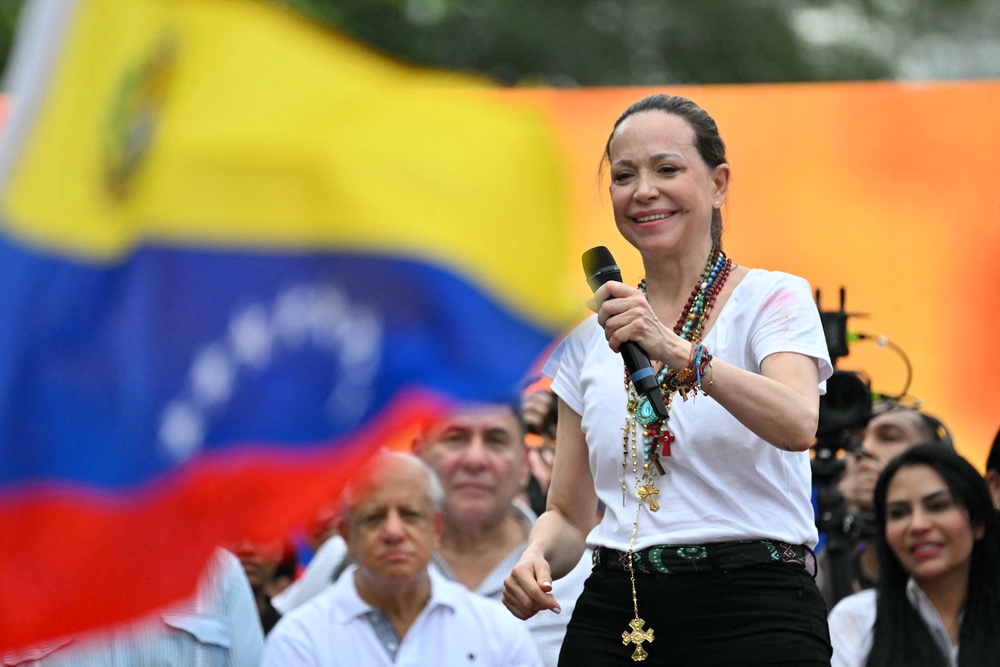 Venezuelan opposition leader Maria Corina Machado speaks to Venezuelan diaspora during a rally in Panama City in May, 2026 (AFP/Getty)