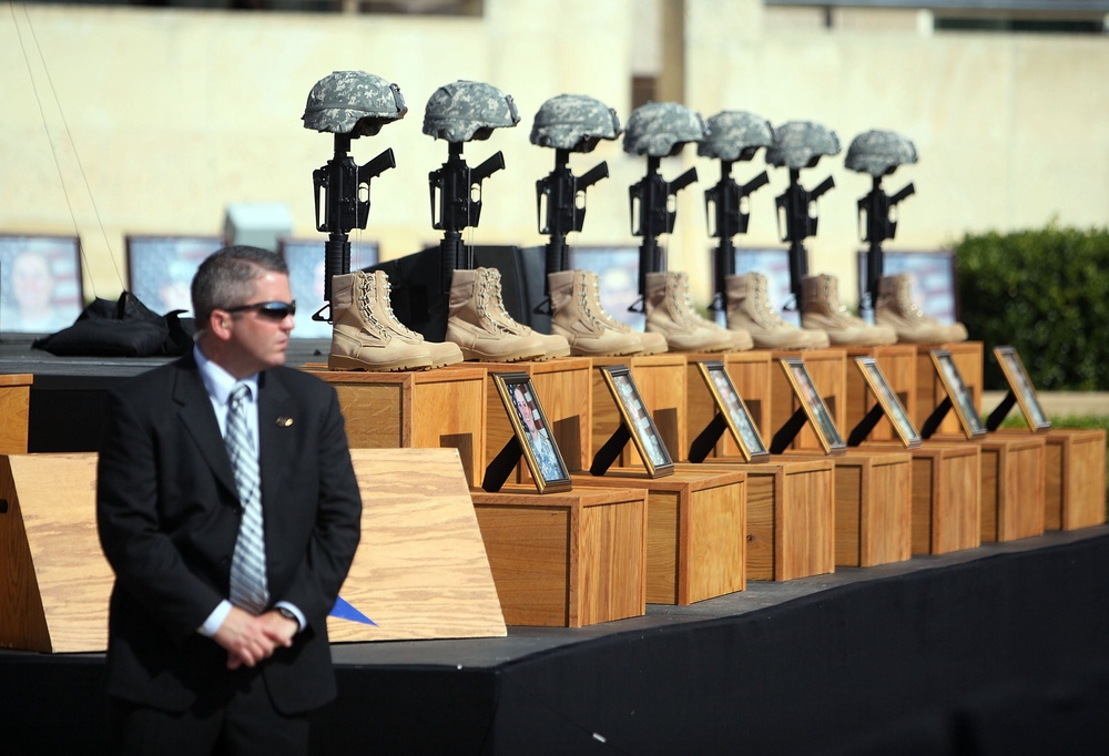 Fallen soldiers memorial in front of the podium where then-President Barack Obama paid tribute to the 13 victims of the shooting rampage by Army Major Nidal Malik Hasan on November 10, 2009 in Fort Hood, Texas. (Getty Images)