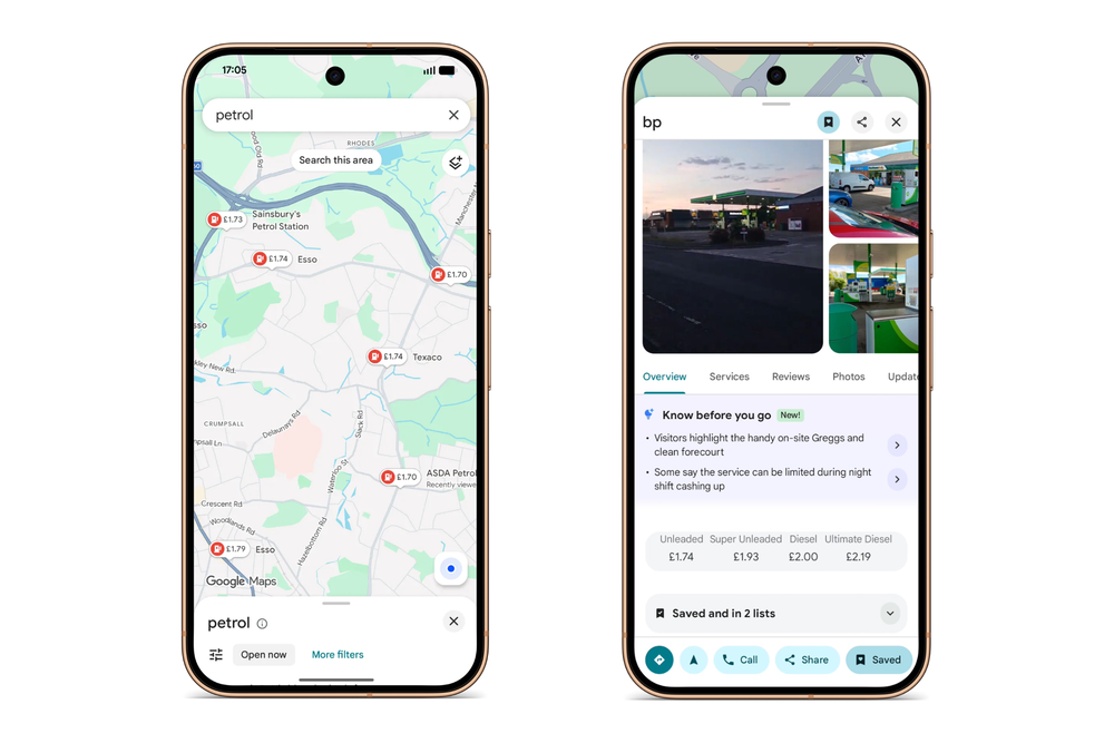 Using data from the government’s Fuel Finder, drivers will be able to see near real-time fuel prices at stations around them on Google Maps (Google / DESNZ)