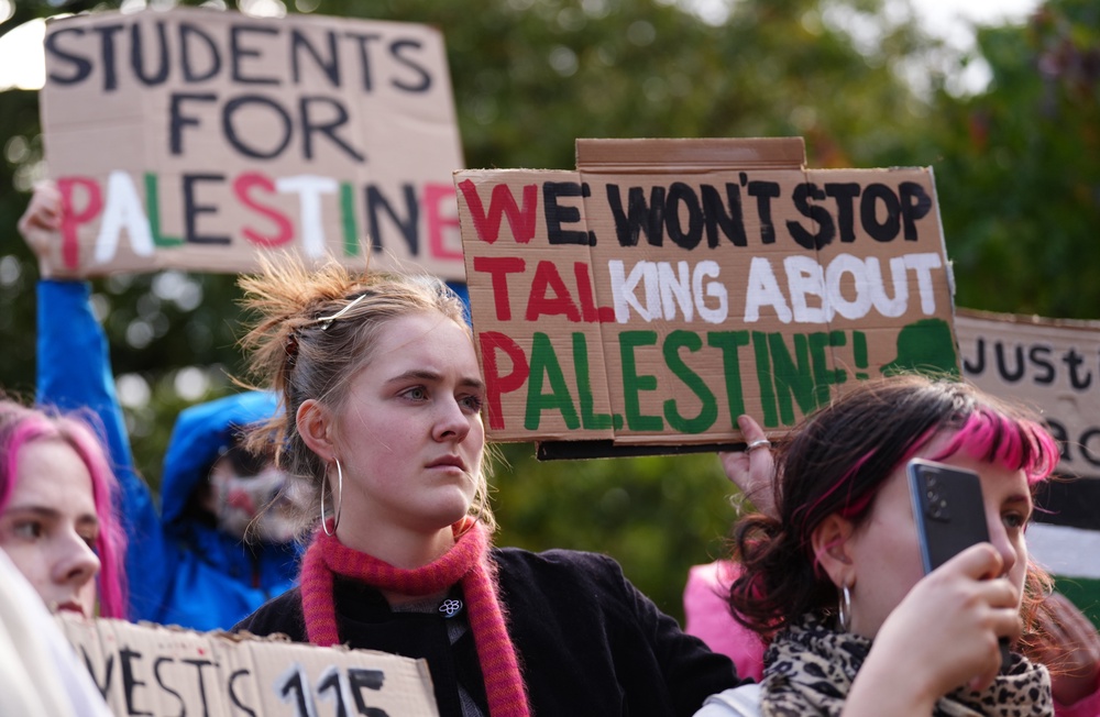 Protesters gathered on Library Hill in Glasgow (Andrew Milligan/PA) (PA Wire)