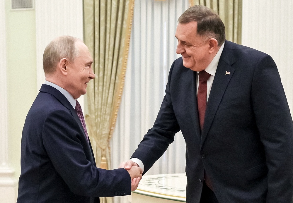 Republika Srpska leader Milorad Dodik, who has courted Trump’s support and thanked the US president, met with Russian President Vladimir Putin at the Kremlin last month, in an image shared by Sputnik (Reuters)