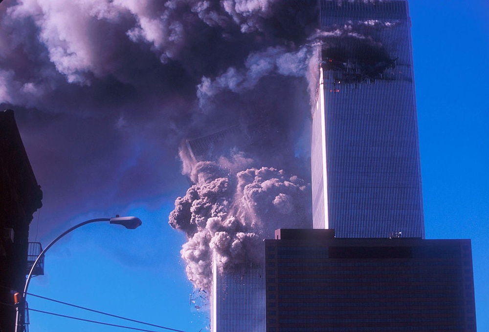 One of the World Trade Center's twin towers collapses after it was struck by a commerical airliner in a suspected terrorist attack September 11, 2001 in New York City (Getty Images)