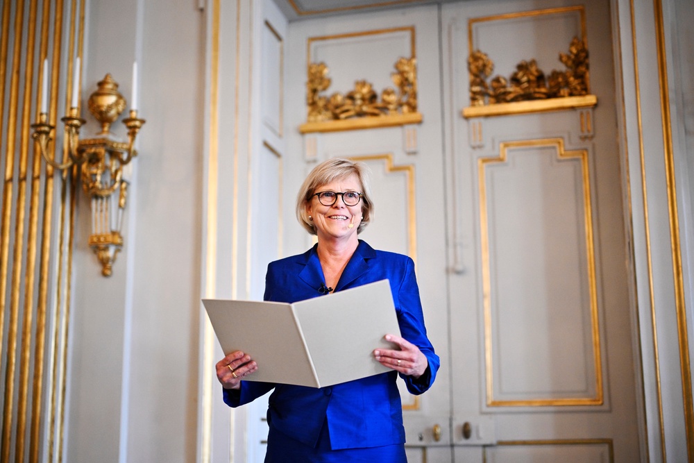 Permanent Secretary of the Swedish Academy Ingrid Carlberg announces Canadian writer Anne Carson as the winner of the 2026 Nobel Prize in Literature (AP)