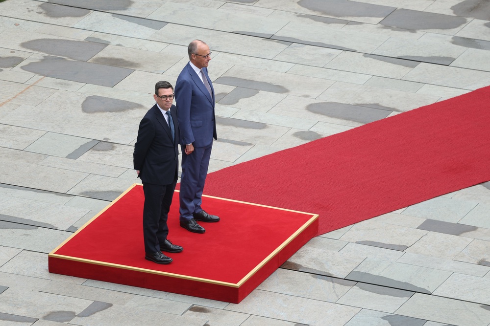 Andy Burnham, alongside German Chancellor Friedrich Merz, review a guard of honour on arrival for talks at the Chancellery in Berlin (Sean Gallup/PA) (PA Wire)