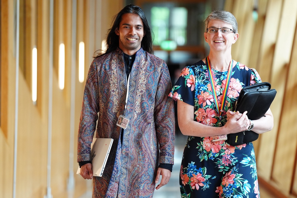 Q Manivannan, left, with fellow Green MSP Maggie Chapman at Holyrood (Jane Barlow/PA) (PA Wire)