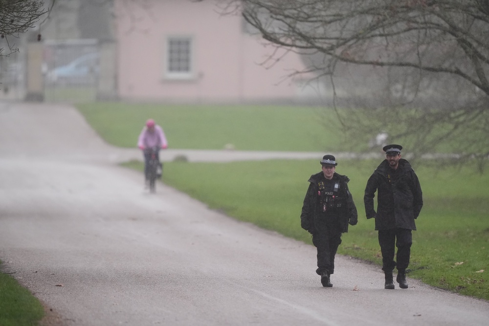 Police officers at Royal Lodge, the former home of Andrew Mountbatten-Windsor, earlier this year (Jonathan Brady/PA) (PA Archive)