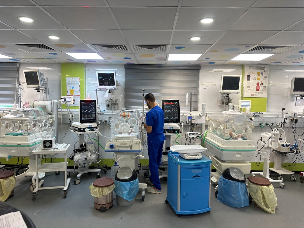 A medical worker attends to newborns surrounded by neonatal equipment at Nasser Medical Complex in Khan Yunis, southern Gaza Strip, on September 26, 2026. (AFP/Getty)