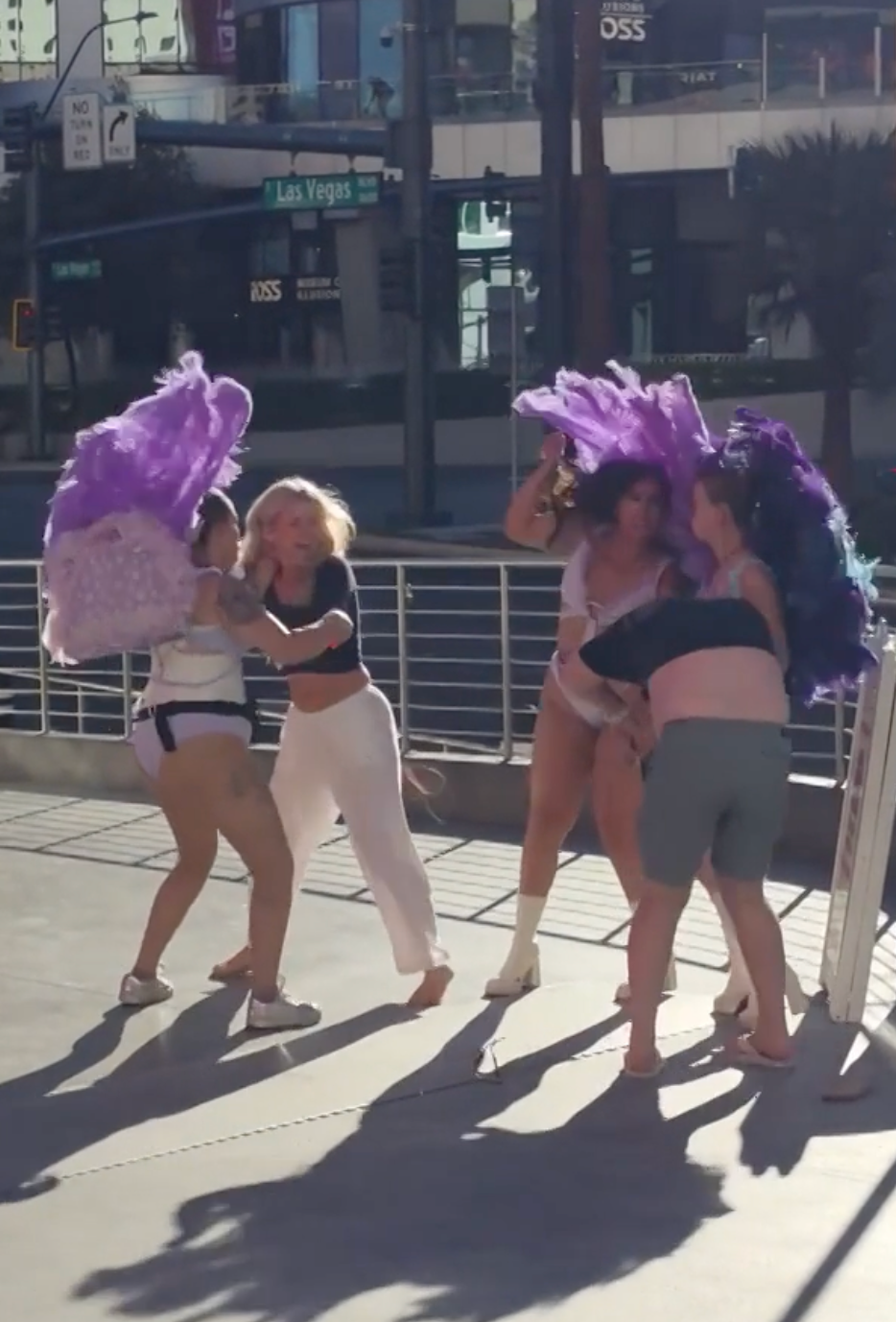 Two of the three women dressed as Vegas showgirls were arrested last week after allegedly attacking tourists who tipped them just $20 for a photo (Viral Press via Reuters Connect)