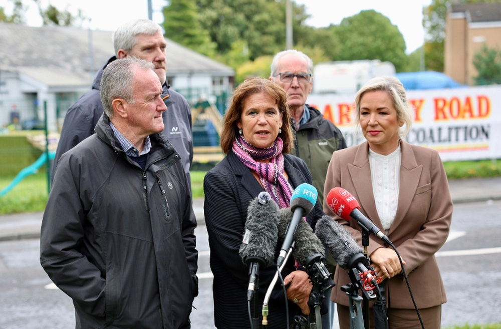 Sinn Féin members Conor Murphy, John O’Dowd, Mary Lou McDonald, Gerry Kelly and Michelle O’Neill during a visit to the Garvaghy Road in Portadown (PA) (PA Media)