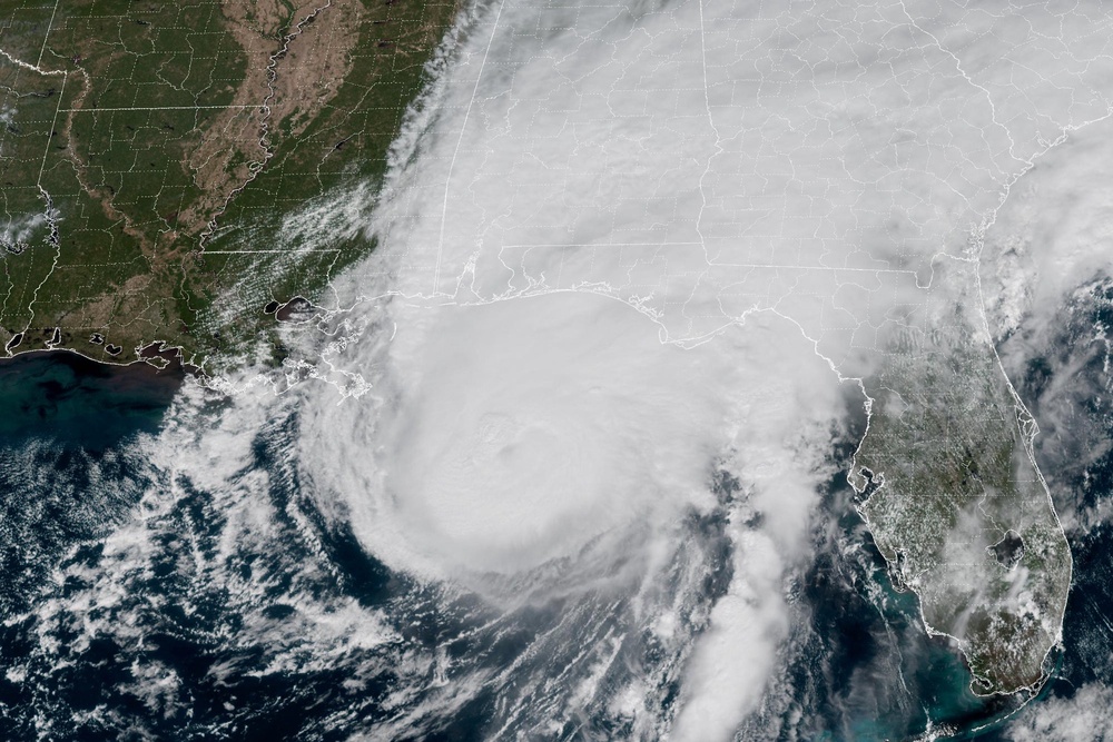 This GOES-19 GeoColor satellite image provided by the National Oceanic and Atmospheric Administration (NOAA) and taken at 1:06 p.m. EDT, Friday, Oct. 9 2026, shows Hurricane Isaias approaching the Gulf Coast of Alabama and Florida (National Oceanic and Atmospheric)