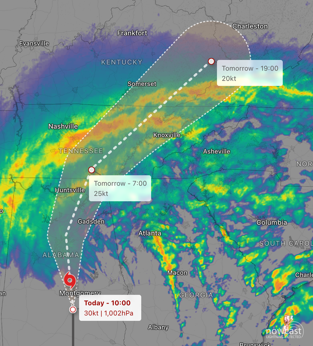 The storm is expected to travel northwards across the Tennessee Valley (Windy.com)
