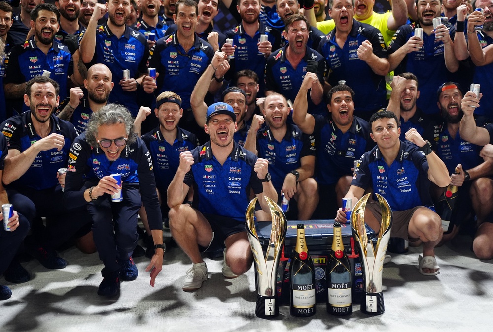 Max Verstappen (centre) celebrates with his Red Bull team (David Davies/PA) (PA Wire)