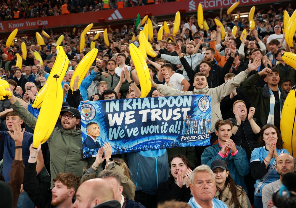 Man City fans show their support of club chair Khaldoon Al Mubarak amid the uncertainty over the club’s appeal and possible sanctions (Getty)