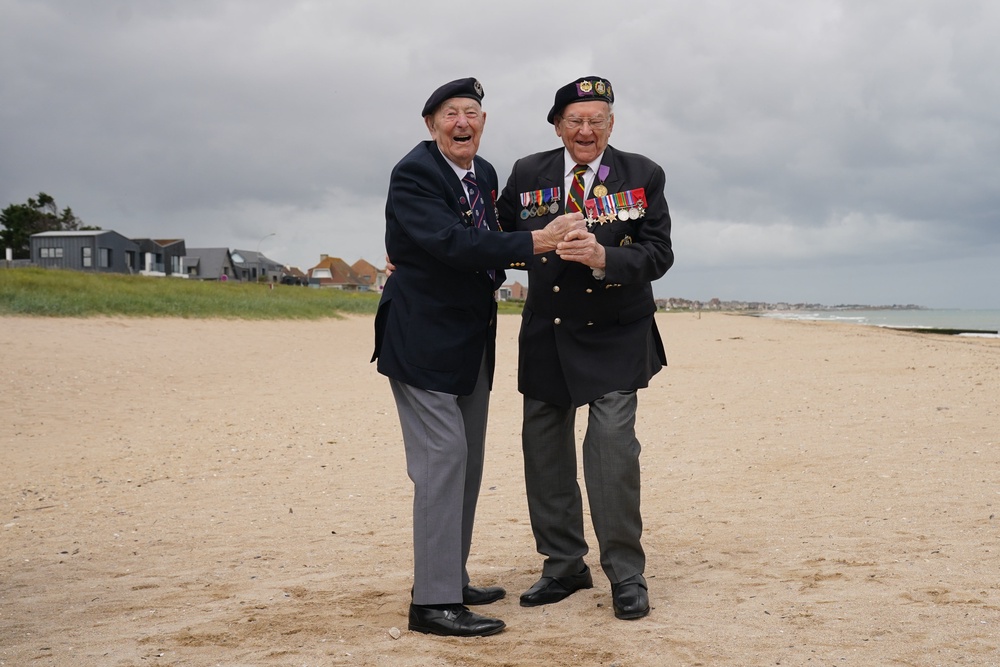 Veterans Henry Rice (left) and Ken Hay on Sword Beach ahead of the 82nd anniversary of D-Day in June (Gareth Fuller/PA) (PA Wire)