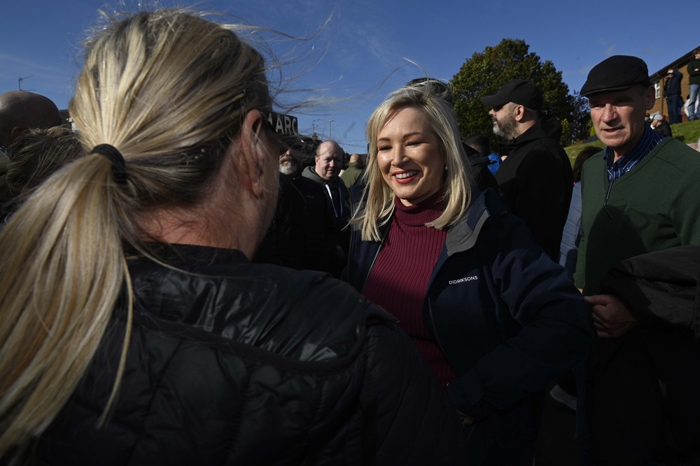 First Minister Michelle O’Neill facing questions from the media on the Garvaghy Road (Mark Marlow/PA) (PA Wire)