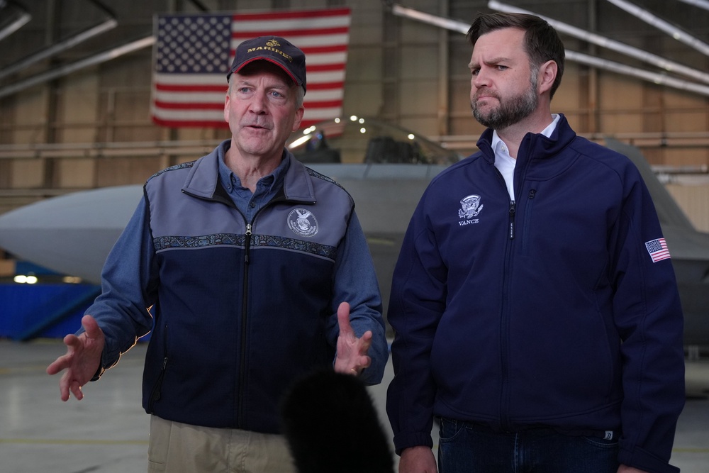 Vice President JD Vance and Sen. Dan Sullivan (R-AK) talk with members of the media at Elmendorf Air Force Base on October 6, 2026 in Anchorage (Getty)