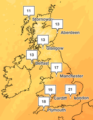 Temperatures set to hit 21C on Thursday in London (Met Office)