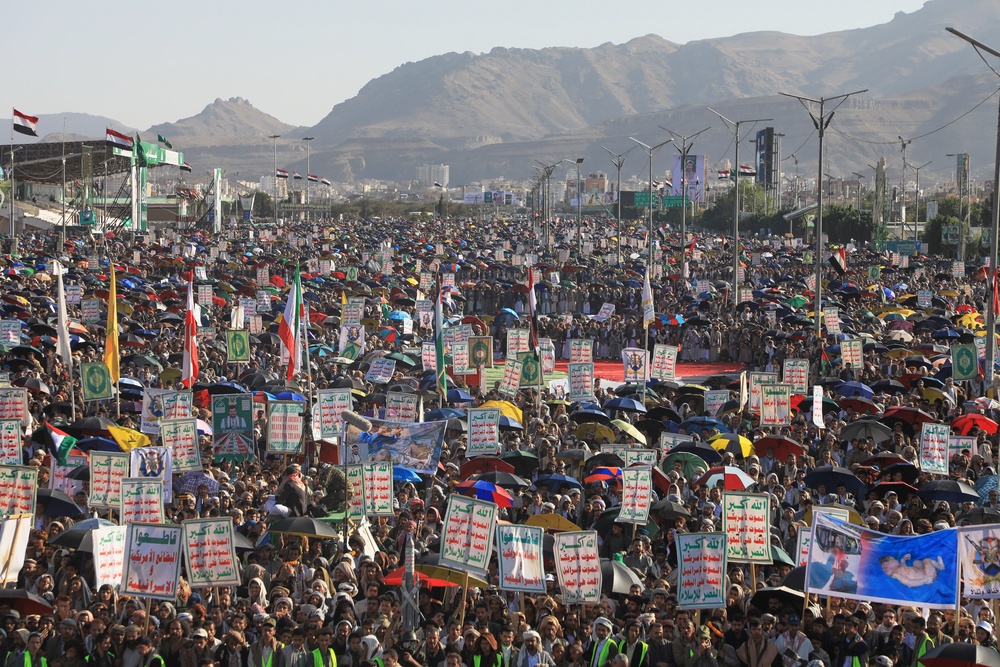 Supporters of Yemen's Houthi rebels raise Yemeni and Iranian flags during a rally in support of the group, in Sanaa, Yemen (Copyright 2026 The Associated Press. All rights reserved)