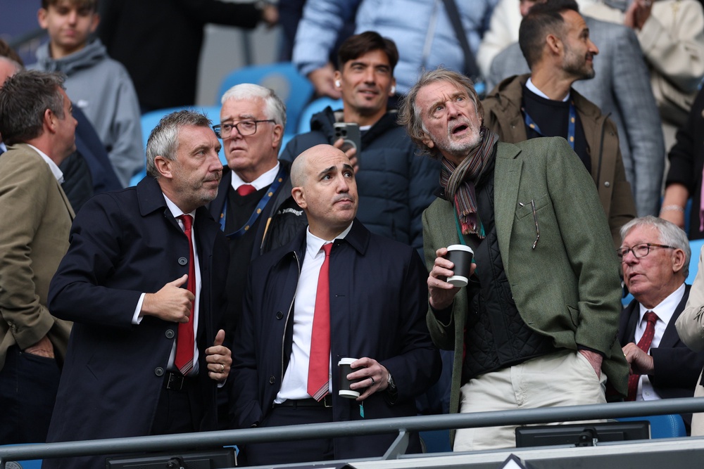 Man United chief executive Omar Berrada (middle) set the aim of winning the Premier League by 2028 (Getty)