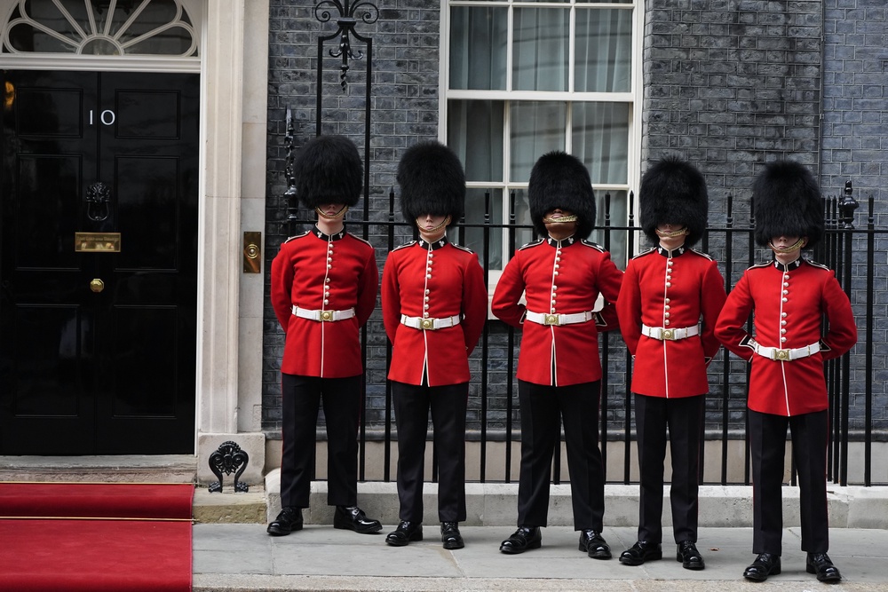 Soldiers from the Number 12 Company of the Irish Guards prepare for the ceremonial arrival of Ukraine Volodymyr Zelensky to Downing Street (Jordan Pettitt/PA) (PA Wire)