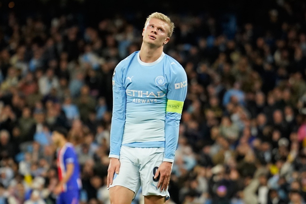 Erling Haaland scored twice but City’s second-half momentum was punctured by Akliouche scoring PSG’s fourth (AP)