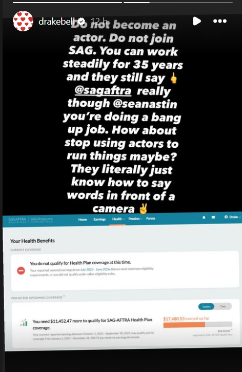 Drake Bell has become the latest actor to criticise SAG-AFTRA’s health insurance requirements after discovering he does not qualify for coverage (Instagram/Drake Bell)