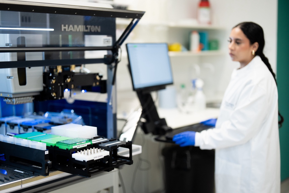 A high-precision automated liquid handling workstation in the Cancer Genomics lab (Aaron Chown/PA)