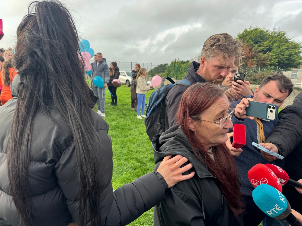 Philip English's ex wife speaks ahead of a balloon release ceremony, to commemorate the lives lost in a house fire in Birchwood, Waterford. (PA)
