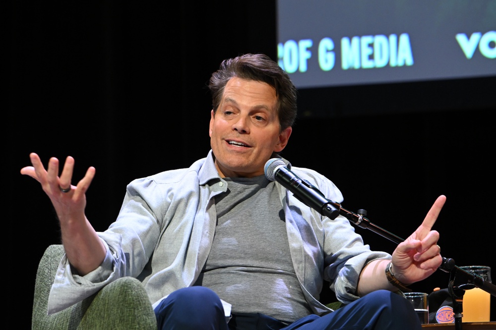 ‘You could say that the president’s bi curious by the way he’s talking about the guy,’ Scaramucci said in reaction to Trump’s bizarre remarks. ‘Or you could say that the president is an entertainer and he thinks his job is to go to those things and make people laugh’ (Getty Images for Vox Media)