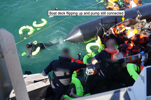 Chaos ensued when people rushed to board the UK border force vessel and part of the flimsy dinghy collapsed (Home Office)