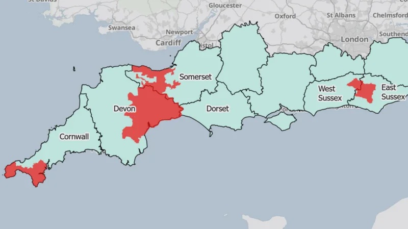 Map of Southern England shows the areas of Parts of Cornwall, Devon, Dorset, Somerset, East Sussex and West Sussex affected by the severe drought in red (Environment Agency)
