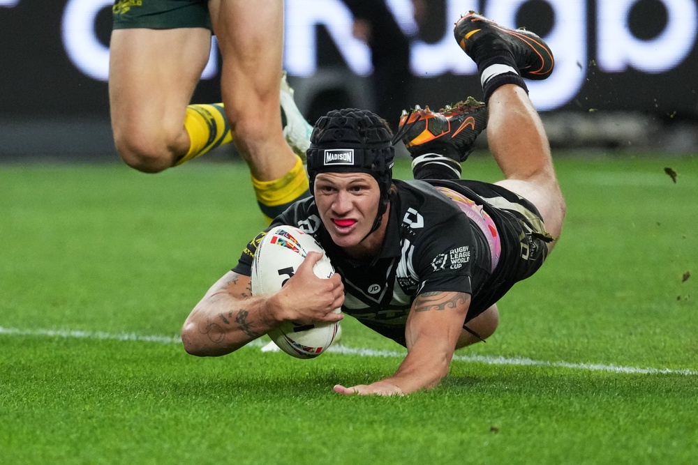 Kalyn Ponga scored a brilliant try with his pink underpants on show (AP)