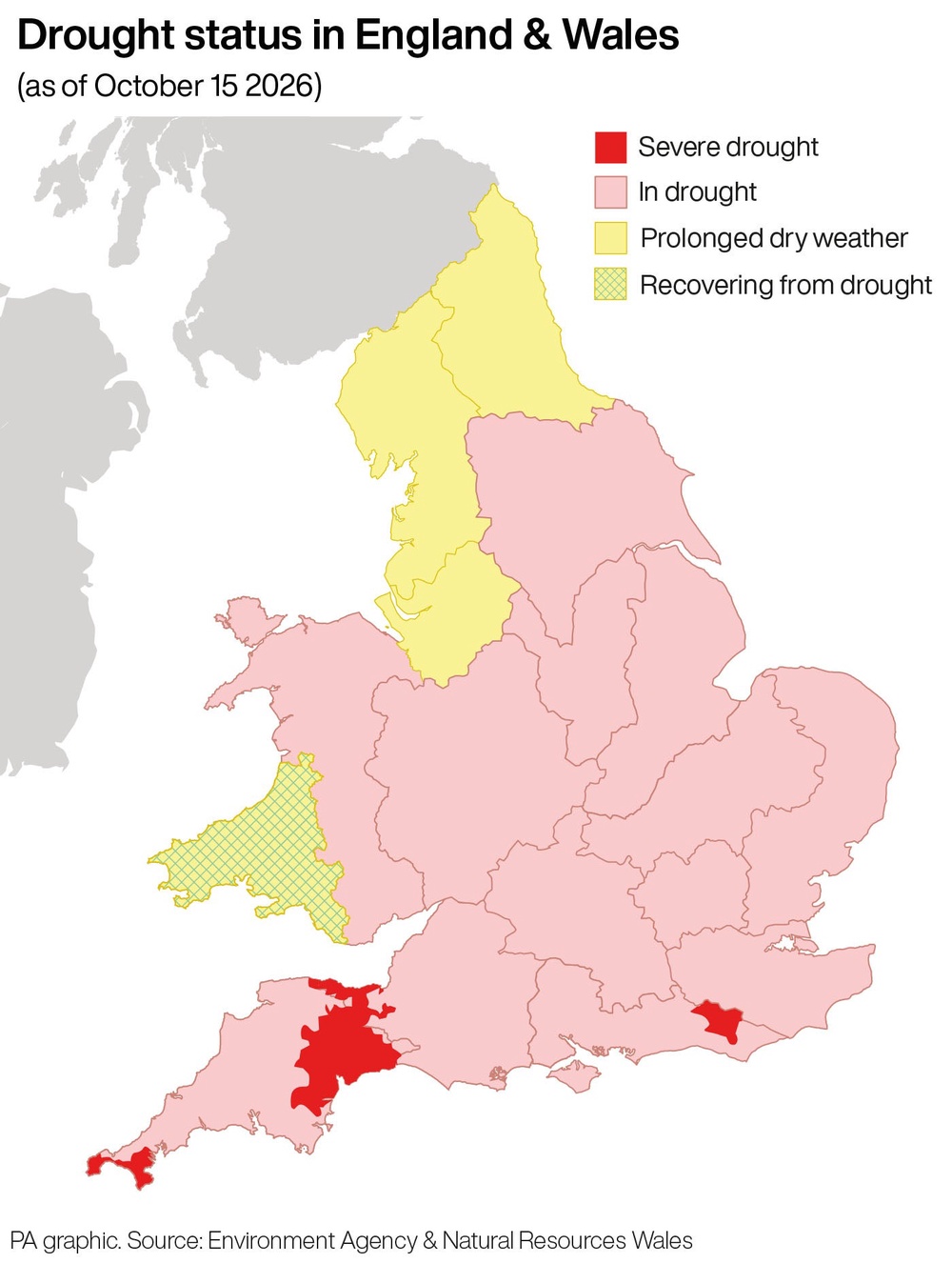 Map of England shows the parts of Cornwall, Devon, Dorset, Somerset, East Sussex and West Sussex affected by the severe drought in red (PA Wire)