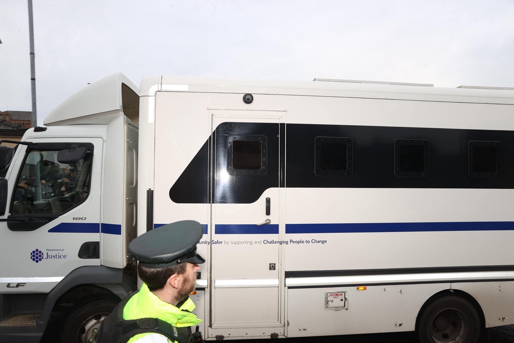 A prison van, believed to be carrying former DUP leader Jeffrey Donaldson, 63, arrives at Newry Crown Court ahead of his sentencing (Liam McBurney/PA) (PA Wire)