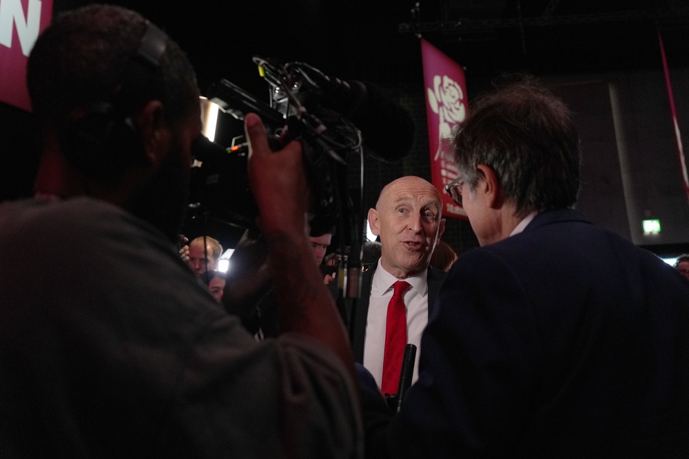 John Healey speaking to the media after Prime Minister Andy Burnham delivered his keynote speech during the Labour Party conference (Annabel Lee-Ellis/PA)