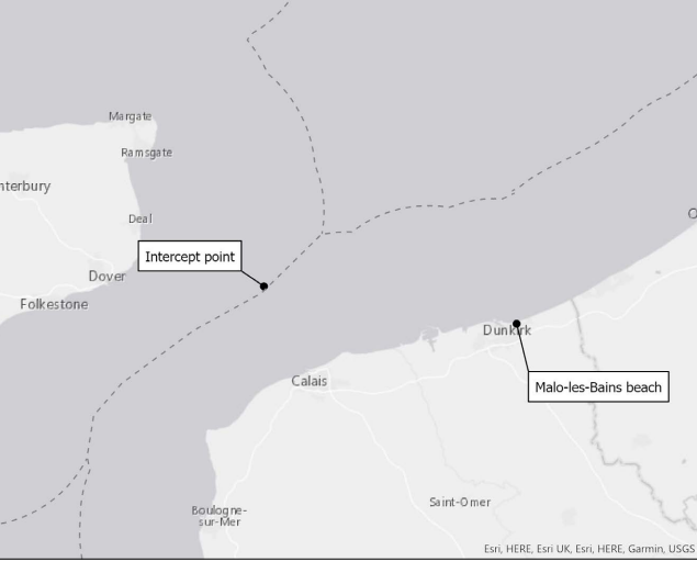 The dinghy launched from a canal system at Malo-les-Bains, before picking up more people from a beach, and then being intercepted by a French vessel (Home Office)
