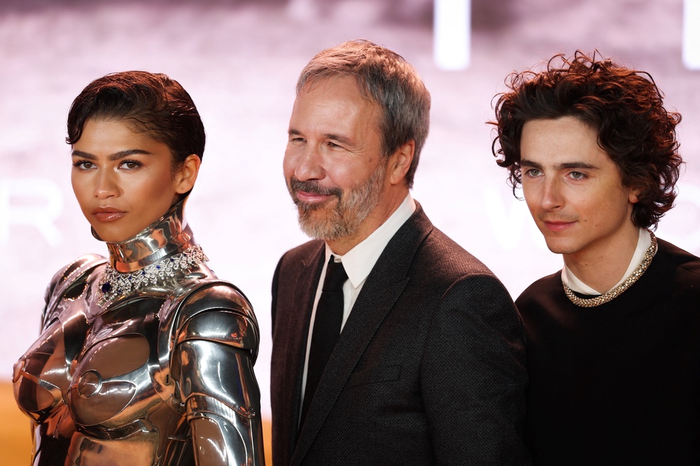 Zendaya, Denis Villeneuve and Timothee Chalamet at the world premiere of Dune: Part Two in London (AFP/Getty)