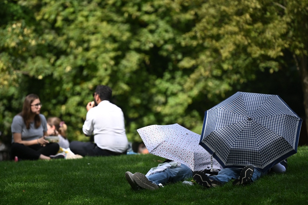 People take shelter from the sun under umbrellas while sunbathing in London (AFP/Getty)