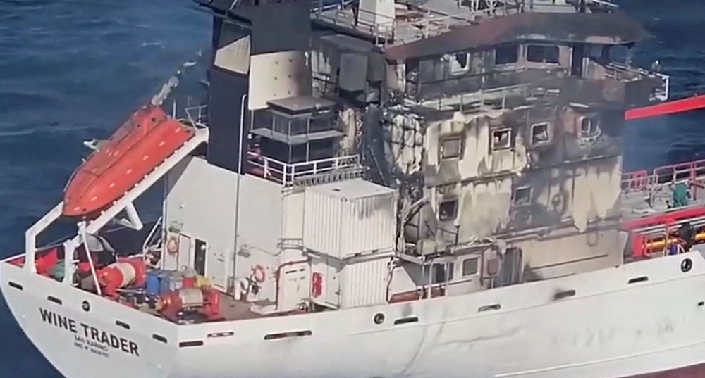 San Marino-flagged tanker wine trader ship that caught fire in Romanian territorial waters (Reuters)