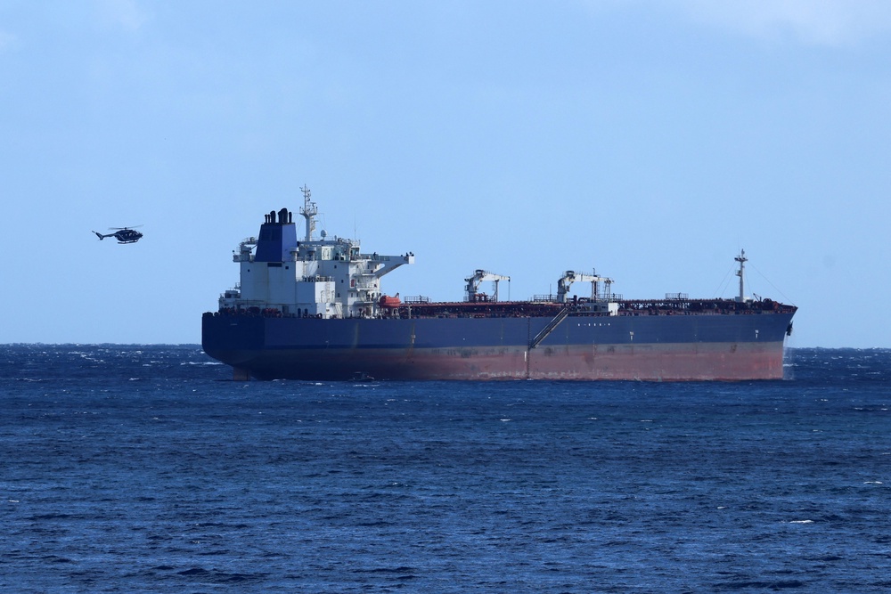 The Russian shadow fleet oil tanker DF PEAK escorted by the French Navy on Thursday (AFP/Getty)
