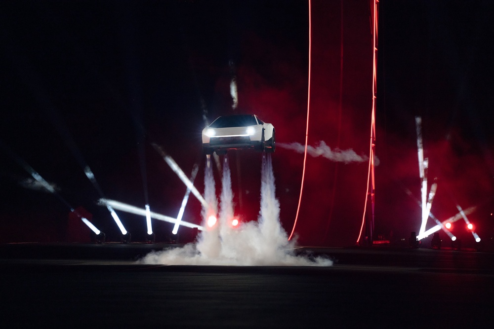 Airborne Tesla Roadster at the launch event (Tesla)