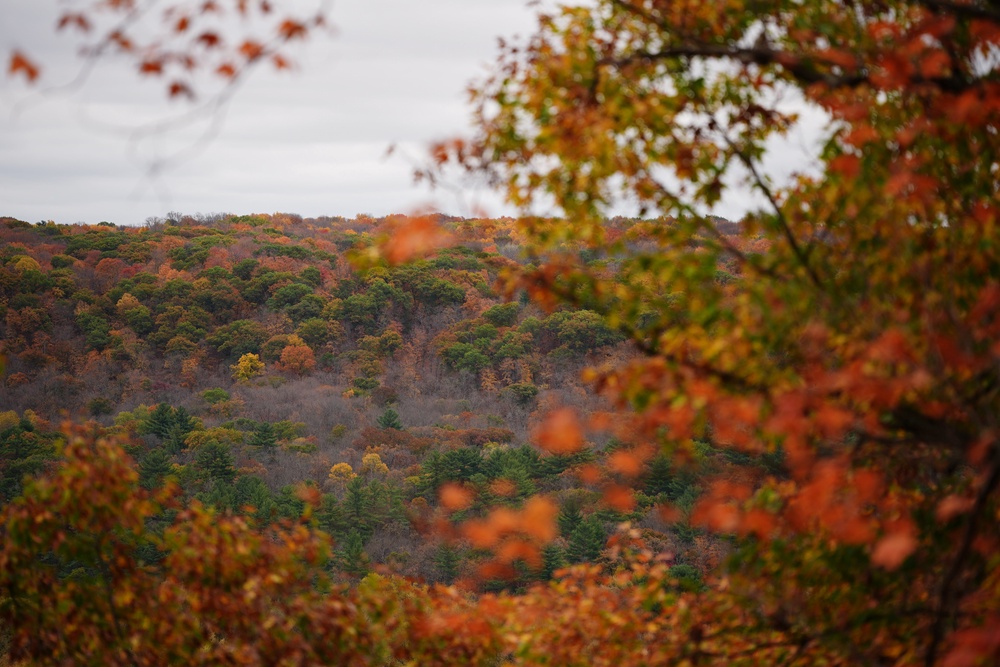 A hiking trail overlooks autumn colors, Tuesday, Oct. 13, 2026, at Interstate State Park in Taylors Falls, Minn. (AP Photo/Ellen Schmidt)