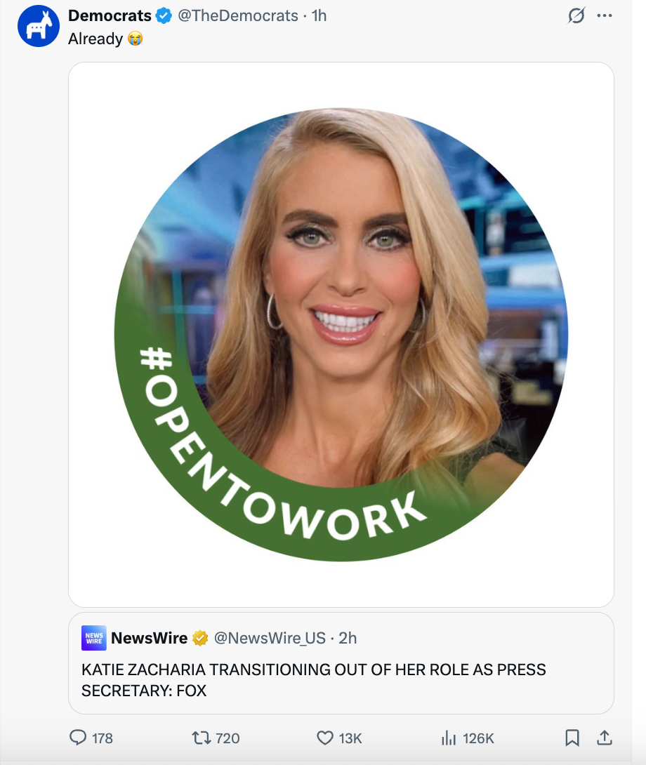 Democrats were leading the mocking, with the party’s official account sharing a spoof LinkedIn profile picture of Zacharia being ‘#Opentowork’ (@TheDemocrats/X)