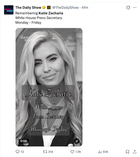 California Gov. Gavin Newsom’s press office both mocked up an ‘in memoriam’ tribute to Zacharia while others joked about her law credentials (The Daily Show)