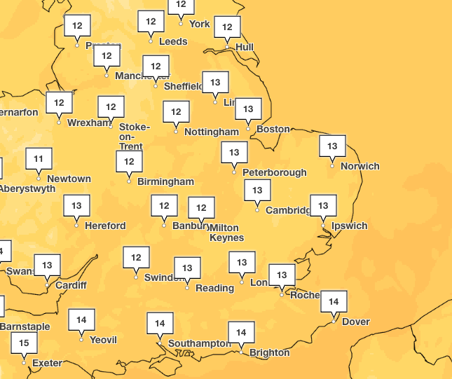 Temperatures across the UK are expected to drop with highs of 14C on Saturday (Met Office)