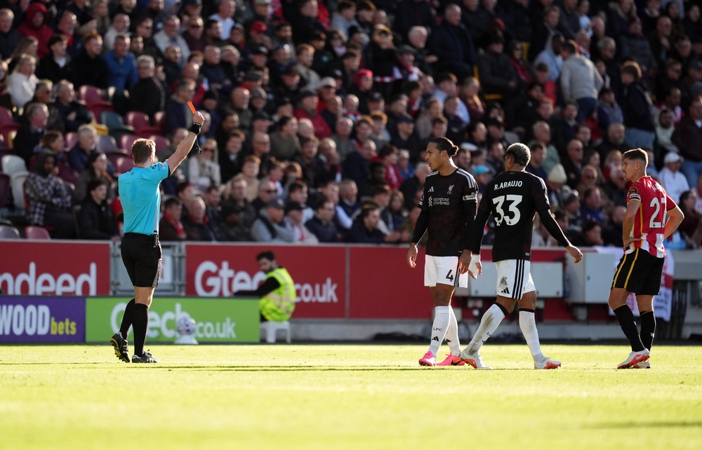 Yehor Yarmolyuk was sent off following a VAR review after moving his head towards Jeremy Jacquet (PA)