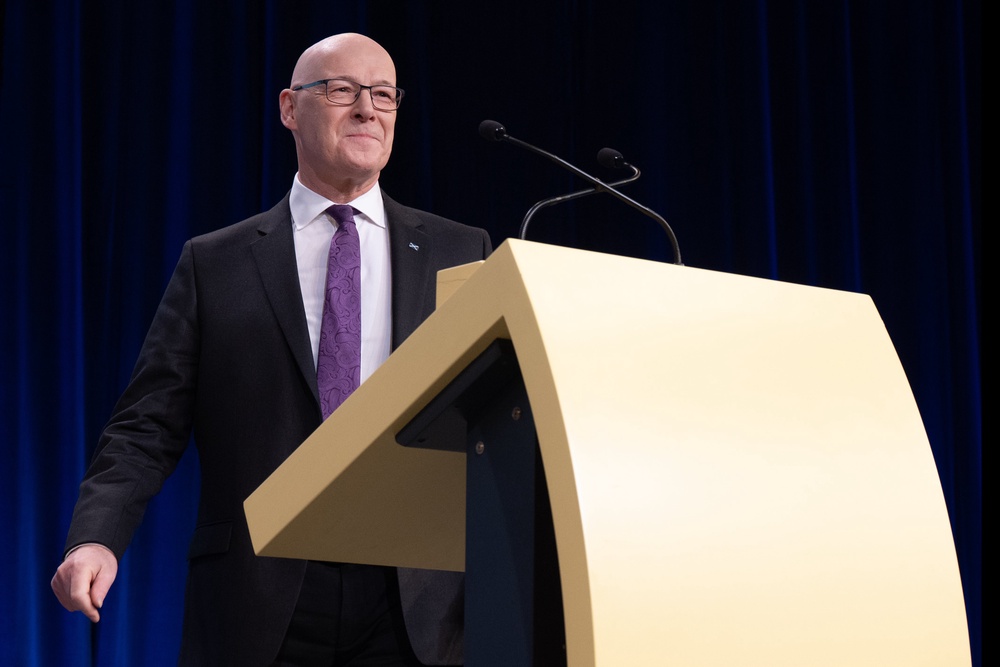 John Swinney delivers his keynote speech in Aberdeen (Jane Barlow/PA) (PA Wire)