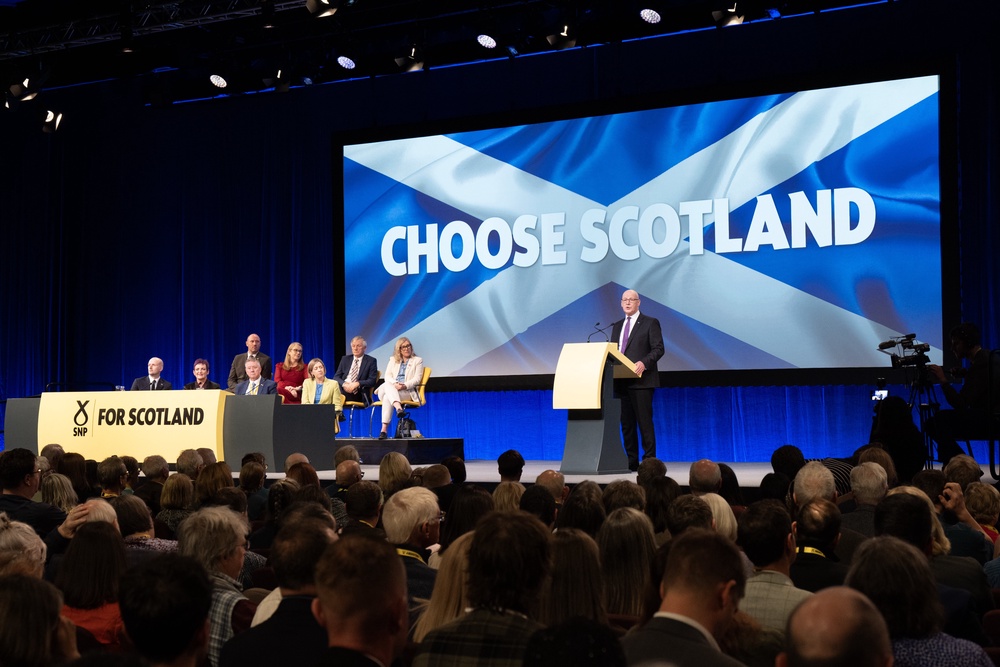 First Minister and party leader John Swinney delivers his keynote speech at the SNP annual conference (Jane Barlow/PA) (PA Wire)