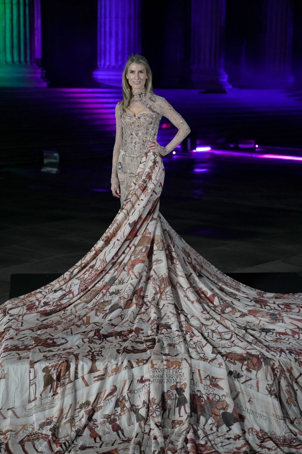 Host Rosanna Konarzewski wearing a Bayeux Tapestry dress (Jeff Moore/PA) (PA Wire)