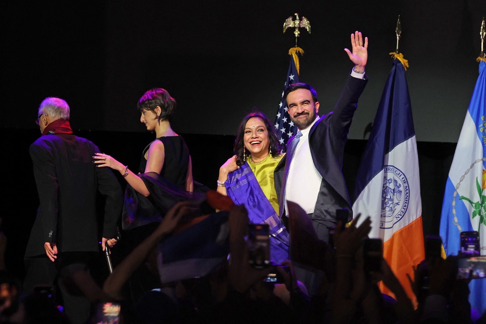 New York City Mayoral candidate Zohran Mamdani celebrates alongside his mother Mira Nair (AFP/Getty)
